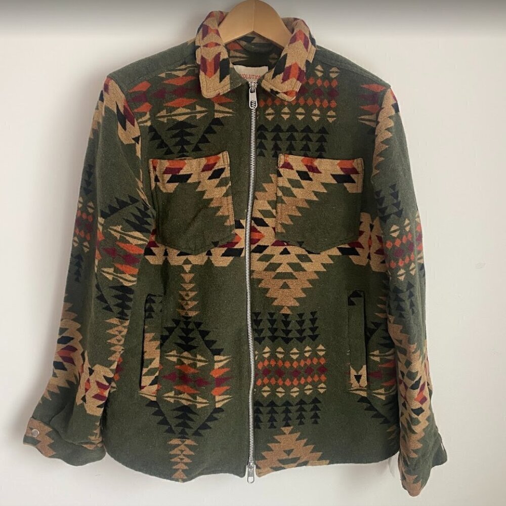 REVOLUTION Fleece Jacket Shirt Zip Navajo-Inspired Dark Green Size M - Picture 4 of 16
